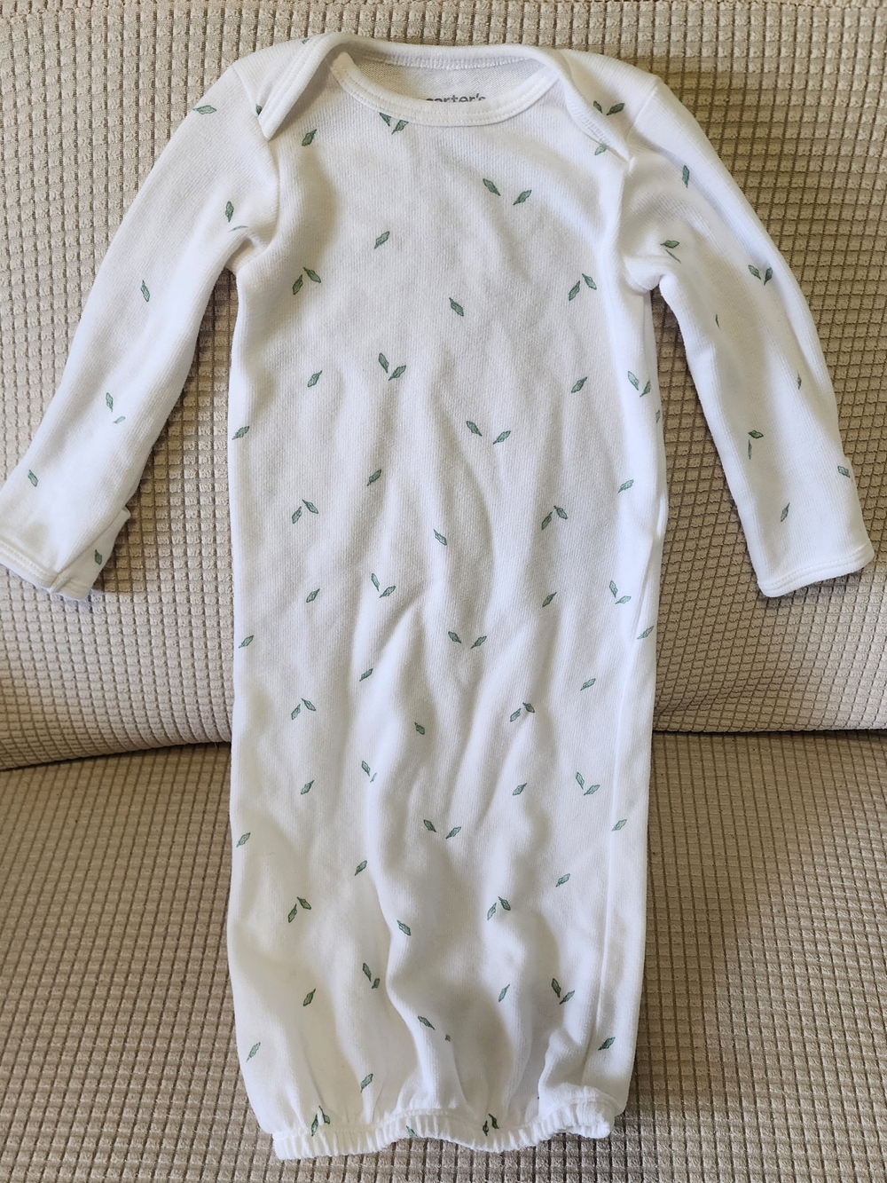 Carter's 0-3M White Baby Sleep Gown with Green Leaf Print.